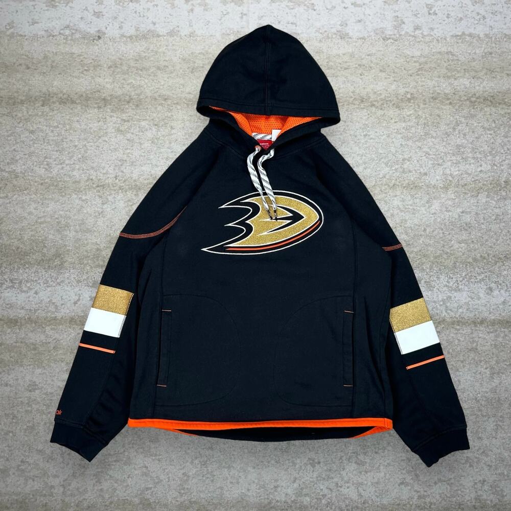 Vintage Y2K Reebok Anaheim Ducks Hoodie Mens L Black Orange Gold Cotton Pullover